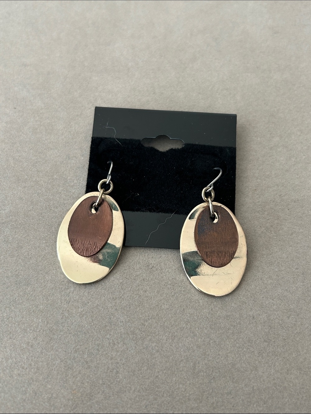 Oval Two-Tone Dangle Earrings - Brown and Gold